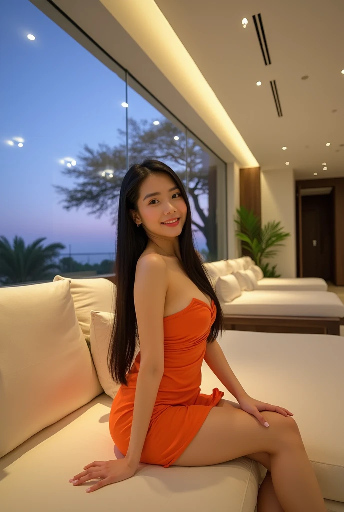 (full body shot:1) photorealistic image of a woman, ultrarealistic, photography, straight long black hair, asian woman, beautiful cute sexy asian 20 years old woman, hourglass figure, perfect body, Flirty look, natural big breasts, long eyelashes, cat eye make-up, double eyelids, sexy pose, erotic pose, seductive pose, big breasts, big tits, wearing a orange dress