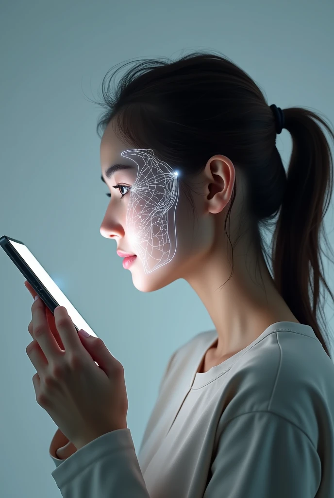A profile portrait of a young woman holding a smartphone in front of her face for facial recognition. Show a white grid on her face to indicate facial recognition measurement points, and illuminate her face with light from the smartphone. The background should be gray, and the woman should be wearing a light-colored top with her hair tied back.