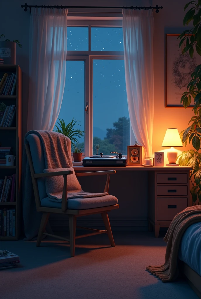 Cozy Bedroom Vibes Create a warm and inviting image of a cozy bedroom at night. Include elements such as a dimly lit desk with a computer or record player, a comfortable chair with a blanket over it, a softly glowing lamp and a window showing a serene, starry night sky. Add subtle details like plants, a mug of tea or coffee and a few books or vinyl records scattered around to enhance the relaxed, lo-fi atmosphere, scaling: 16:9
