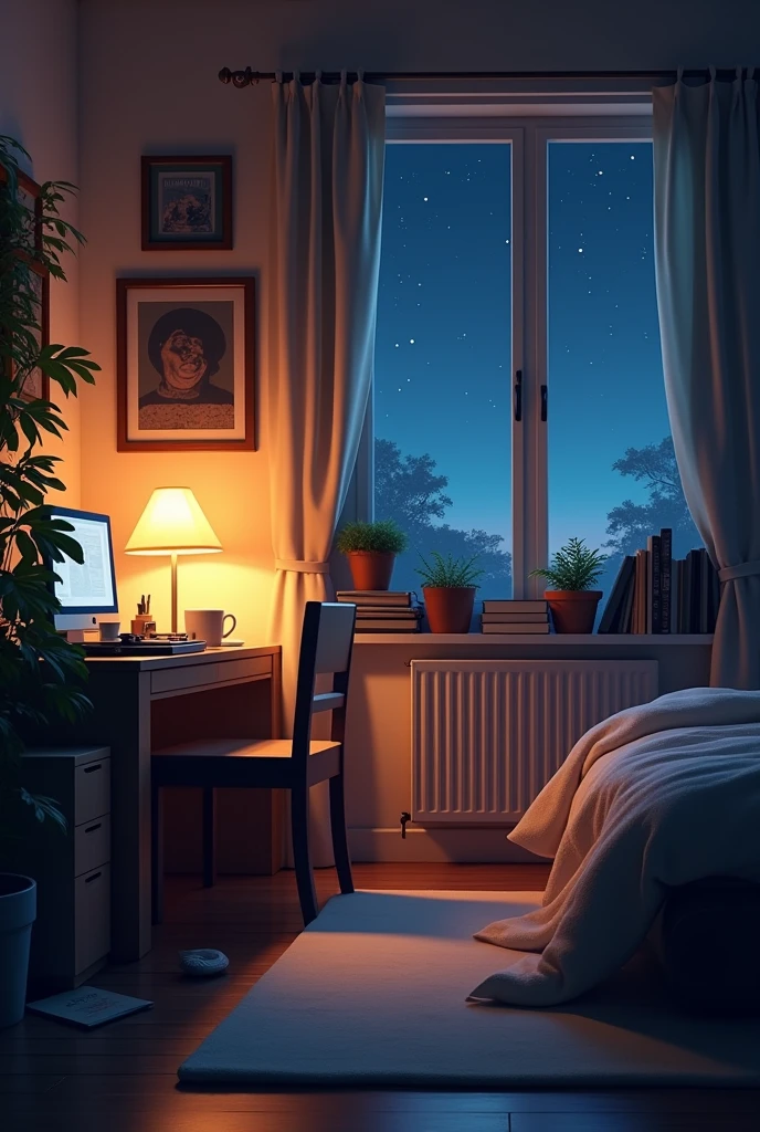 Cozy Bedroom Vibes Create a warm and inviting image of a cozy bedroom at night. Include elements such as a dimly lit desk with a computer or record player, a comfortable chair with a blanket over it, a softly glowing lamp and a window showing a serene, starry night sky. Add subtle details like plants, a mug of tea or coffee and a few books or vinyl records scattered around to enhance the relaxed, lo-fi atmosphere, scaling: 16:9