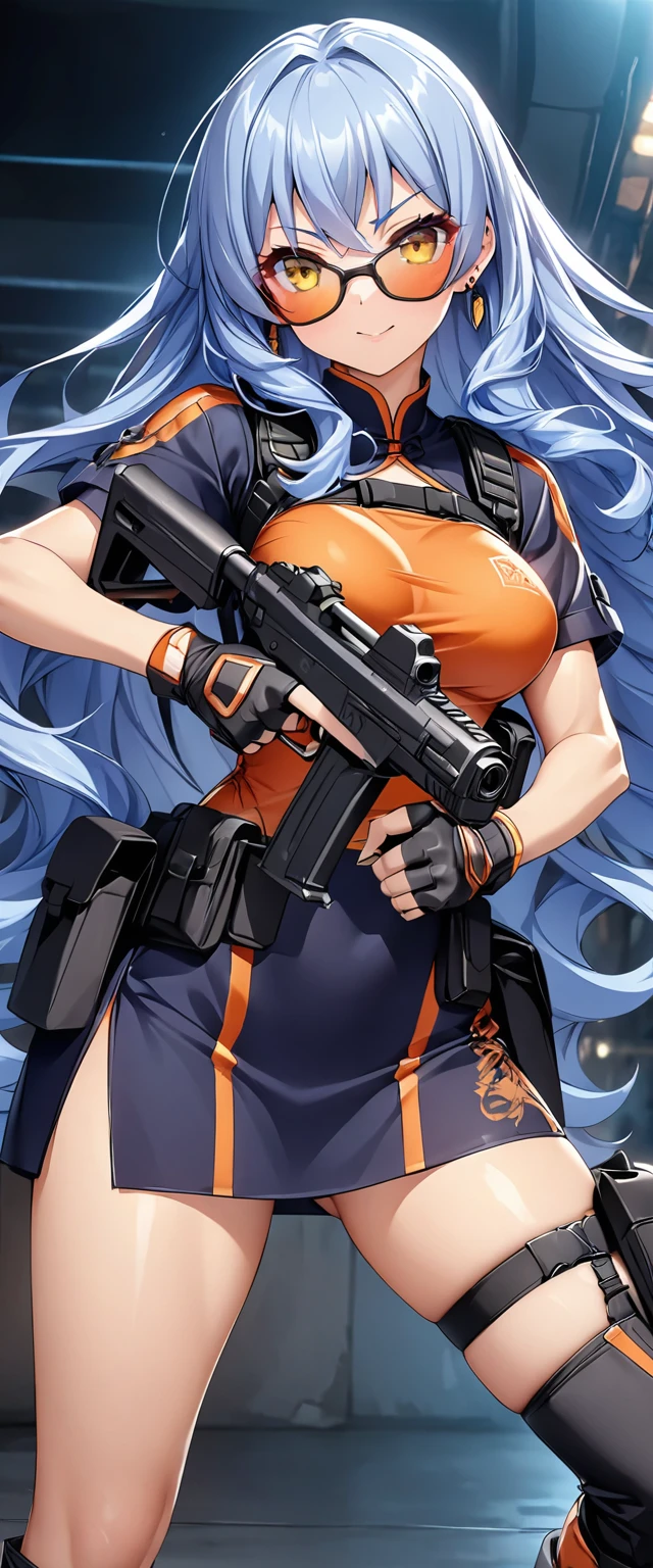 masterpiece、Highest quality、Ultra-high resolution、Maximum resolution、Very detailed、Professional Lighting、anime、Adult female、thin、so beautiful、、China dress、He has a gun、Holding a handgun in both hands、Yellow Eyes、Blue Hair、Long Wavy Hair、Earrings、Fingerless gloves、Tactical Boots、Equipped with transparent orange sunglasses、Equipped with a chest rig, (((hold a gun and take aim))), (((Random Action Pose)))