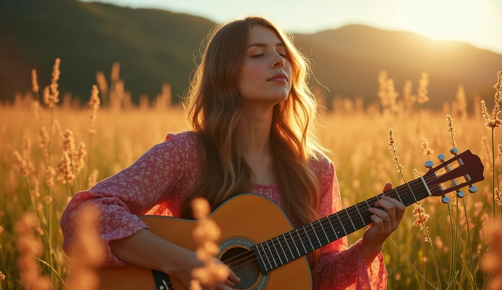 ((best quality)), ((masterpiece)), (detail), perfect face, close-up photo of a young woman playing guitar in a valley of flowers, valley scene with intricate details, shot by sony a7iv with lens 15mm, shimmering and magical light, surreal photo, 8k, ultra high resolution, sharp face