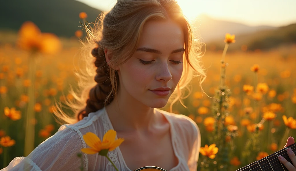 ((best quality)), ((masterpiece)), (detail), perfect face, close-up photo of a young woman playing guitar in a valley of flowers, valley scene with intricate details, shot by sony a7iv with lens 15mm, shimmering and magical light, surreal photo, 8k, ultra high resolution, sharp face