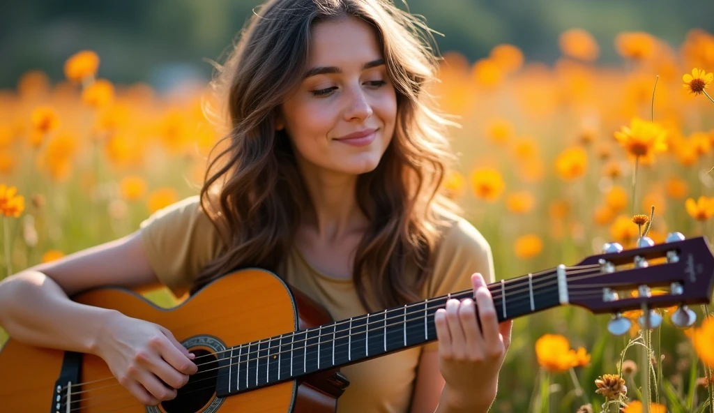 ((best quality)), ((masterpiece)), (detail), perfect face, close-up photo of a young woman playing guitar in a valley of flowers, valley scene with intricate details, shot by sony a7iv with lens 15mm, shimmering and magical light, surreal photo, 8k, ultra high resolution, sharp face