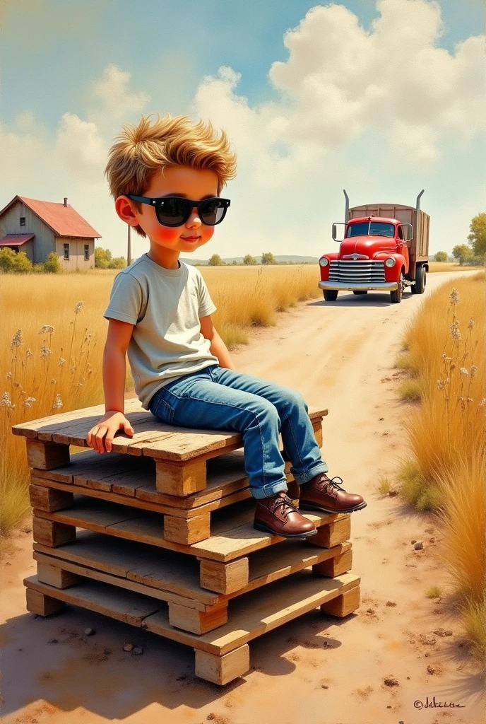 **Watercolor, mixed media oil painting splashes, depth.little man in jeans and t-shirt, sunglasses, sitting on two palettes stacked on top of each other, very detailed. Red truck country road background. Warm tone,**