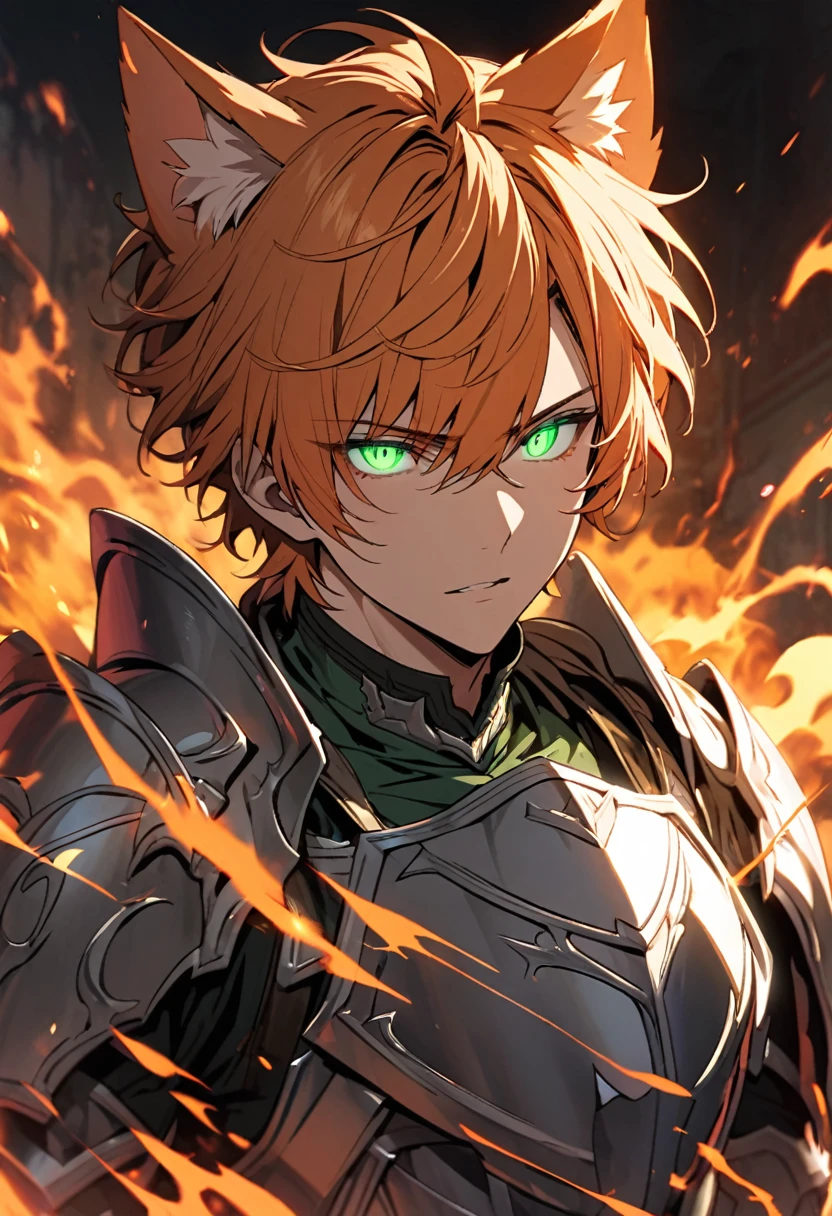 male, solo, handsome, orange hair, green eyes, cat ears, beautiful eyes, beautiful color, high detail, beautiful background, glowing eyes, aura, silver armor, light