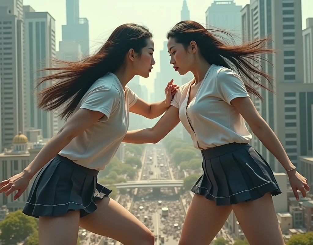 (Giant girl Art), (Super Best masterpiece giant girl Raw Photography Art), (16K, Highest quality, Ultra-high resolution, RAW Photos), (Although it is the real world, It's so unrealistic.), (Very detailed描写の, fight巨人女, Ultra-realistic depiction), (Asian Girls, So beautiful and detailed, Perfect female body, Accurate female body structure, Accurate female body movements, Very detailed女体ボディ, Super big breasts), Short sleeve shirt, Short skirt, I can see your pants, Very cute face, (Very detailed描写, Clear and accurate perspective depiction, Focus on the average value of the image), (Very detailed, World collapse panic movie depiction), Height 1,000m class giant girl, 2 people, The face and body are identical, fight, Scramble, Catfight, Action Movie, (2 peopleの巨女がミニチュアな街まるごとぶっ壊す描写), 見物客はfightの巻き添えに遭う, High Top View