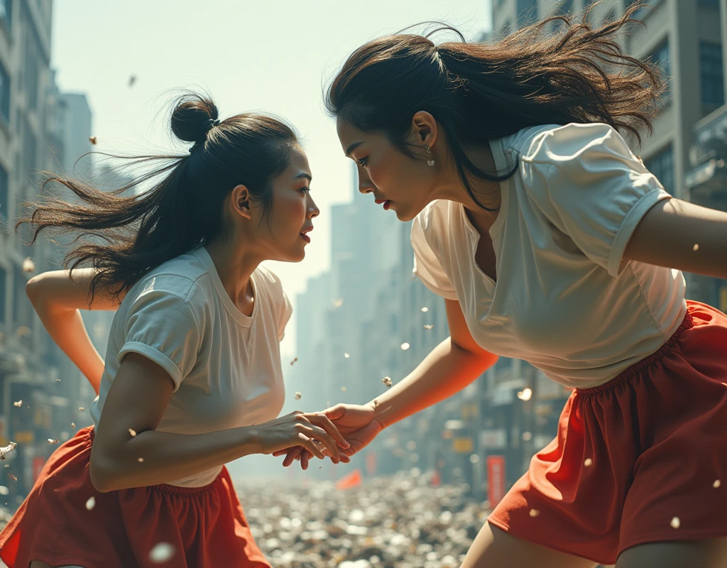(Giant girl Art), (Super Best masterpiece giant girl Raw Photography Art), (16K, Highest quality, Ultra-high resolution, RAW Photos), (Although it is the real world, It's so unrealistic.), (Very detailed描写の, fight巨人女, Ultra-realistic depiction), (Asian Girls, So beautiful and detailed, Perfect female body, Accurate female body structure, Accurate female body movements, Very detailed女体ボディ, Super big breasts), Short sleeve shirt, Short skirt, I can see your pants, Very cute face, (Very detailed描写, Clear and accurate perspective depiction, Focus on the average value of the image), (Very detailed, World collapse panic movie depiction), Height 1,000m class giant girl, 2 people, The face and body are identical, fight, Scramble, Catfight, Action Movie, (2 peopleの巨女がミニチュアな街まるごとぶっ壊す描写), 見物客はfightの巻き添えに遭う, High Top View