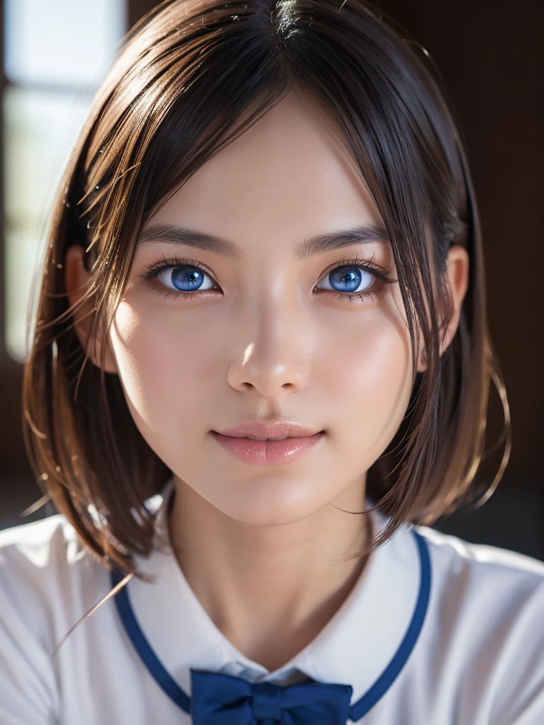 NSFW,a ultra cute beautiful girl wearing highschool uniform,charming smile,mixed race of Japanese and Northern Europeans,large clear light blue eyes,droppy eyes,transparent white skin,photorealistic, 8k, ultra-detailed, masterpiece, realistic, vivid colors, beautiful detailed eyes, beautiful detailed lips, extremely detailed face, intricate details, hyper realistic, cinematic lighting, dramatic shadows, stunning composition, intense atmosphere, highly detailed skin, exquisite facial features, volumetric lighting, raytraced global illumination, physically-based rendering, professional digital art