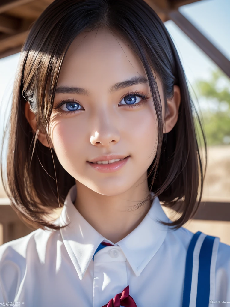 NSFW,a ultra cute beautiful girl wearing highschool uniform,charming smile,mixed race of Japanese and Northern Europeans,large clear light blue eyes,droppy eyes,transparent white skin,photorealistic, 8k, ultra-detailed, masterpiece, realistic, vivid colors, beautiful detailed eyes, beautiful detailed lips, extremely detailed face, intricate details, hyper realistic, cinematic lighting, dramatic shadows, stunning composition, intense atmosphere, highly detailed skin, exquisite facial features, volumetric lighting, raytraced global illumination, physically-based rendering, professional digital art