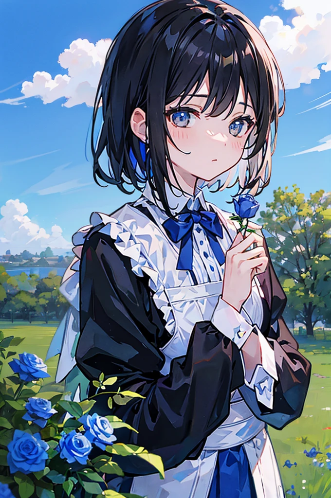 Blue Sky Day、Staring at the brown roses blooming in the rose garden、Short black hair and blue-black eyes、butler man