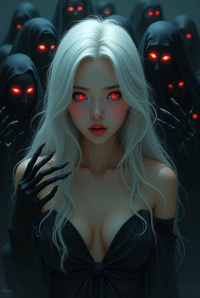 Create a cover for a book, that shows a dark room, and a young woman with Asian features, beautiful and mesmerizing look, White hair, In the environment surrounding the girl there are many black shadows with glowing red eyes trying to catch the girl