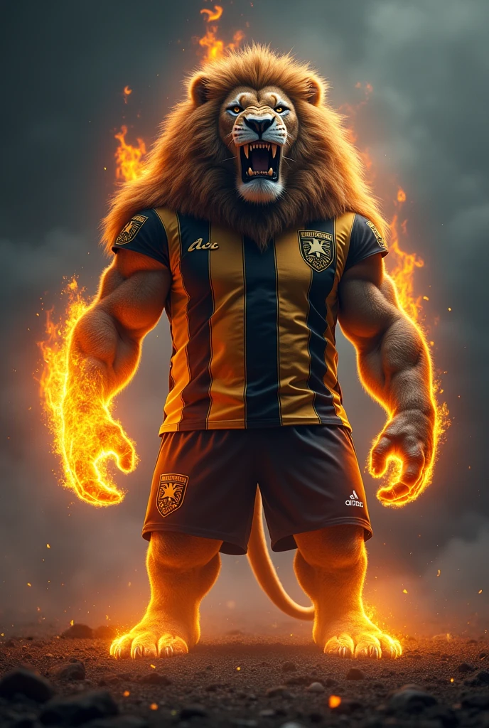 A great lion, very strong, standing as if he were human, Hard, Bouncy face, snarling, showing teeth, Bouncy, around one of the lions'the eyes a white star is tattooed. Fire comes out of the lion'The lion'The dog's left paw. No fundo, Flames of fire come out from behind the dog. The lion wears a shirt with alternating black and gold vertical stripes and on the right chest a gold star with a black outline. Background of a football field at night , Void, grimdark.