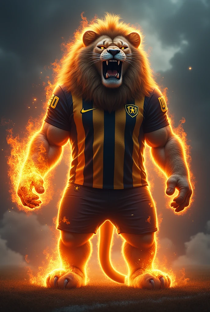 A great lion, very strong, standing as if he were human, Hard, Bouncy face, snarling, showing teeth, Bouncy, around one of the lions'the eyes a white star is tattooed. Fire comes out of the lion'The lion'The dog's left paw. No fundo, Flames of fire come out from behind the dog. The lion wears a shirt with alternating black and gold vertical stripes and on the right chest a gold star with a black outline. Background of a football field at night , Void, grimdark.