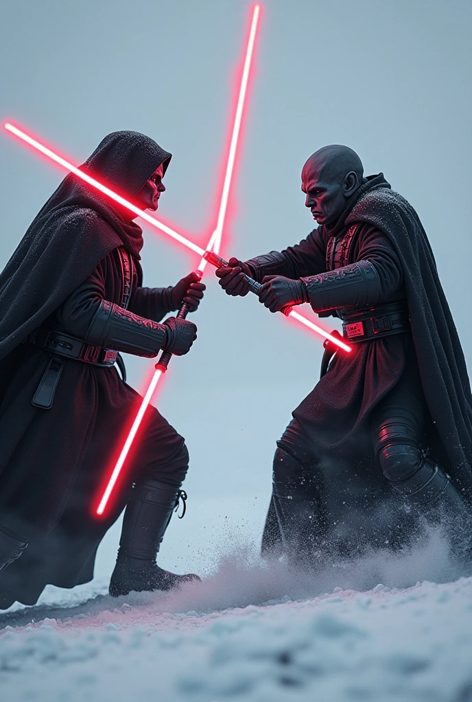 Two Sith Lords from Star Wars, fighting on a snow planet, angular grey Face, red lightsaber, agressive, frightening, ultra-realistic