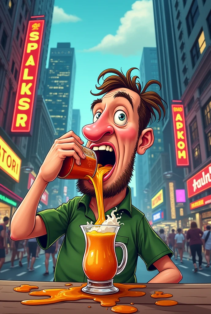 A cartoonist AI image of a man who is drink more alcohol with the background of city