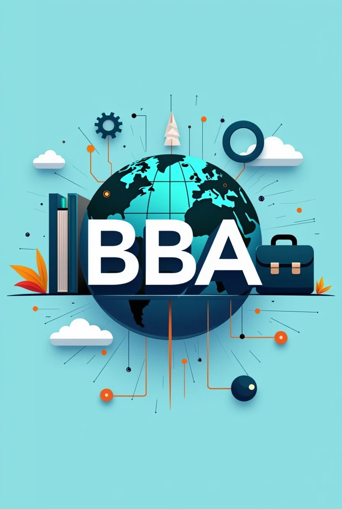 Design a modern and clean vector logo for a BBA student group with a future-focused theme. The logo should feature a stylized, sleek 'BBA' text at the center, integrated with an abstract globe or network symbolizing global connectivity and modern business practices. Include a book and briefcase on either side of the text to represent knowledge and business. In the background, incorporate an upward-pointing arrow or graph, symbolizing growth and progress. The color scheme should include blue for professionalism, green for growth, and white or gray for balance. The overall design should be flat, with minimal shading, and have a subtle futuristic touch with sleek lines and possibly a gradient background to emphasize a forward-looking vision."