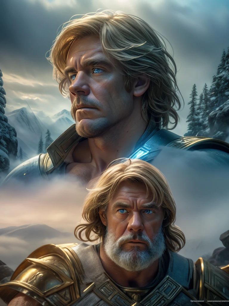 (best quality, realistic, ethereal: 1.2), (muscular man) (with luke skywalker face), long, loose blonde hair, strength and determination, muscular, warrior armor and weapons, in the background, majestic mountains and lush forests, soft sunlight casting a magical glow, ancient ruins and mysterious runes, heroic pose, artistic rendering, shades of blue and silver, subtle fog and mist, studio lighting, full length, in the background, cinematic, ultra detailed, visually rich, concept art, intricate details, extremely detailed, ultra sharp focus, attention to detail, grandeur and awe, stunning visual masterpiece, double exposure, 32k, photorealistic, outline strong, cinematographic scene, top quality