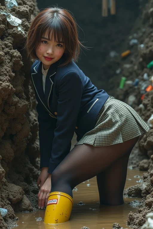 ((Highest quality)), ((masterpiece)), The dark, dirty, garbage-filled, pitch black quagmire of a waste dump、Cute Japanese woman with short hair、Brown Hair、Thick body type、Beautiful breasts、Thicker legs、Wearing yellow Hunter rain boots, he is hastily buried in the mud、Blazer uniform、Checked flared skirt、Black Pantyhose、Mud stains on face、Mud stains on clothes、Leaning forward、Look back and smile