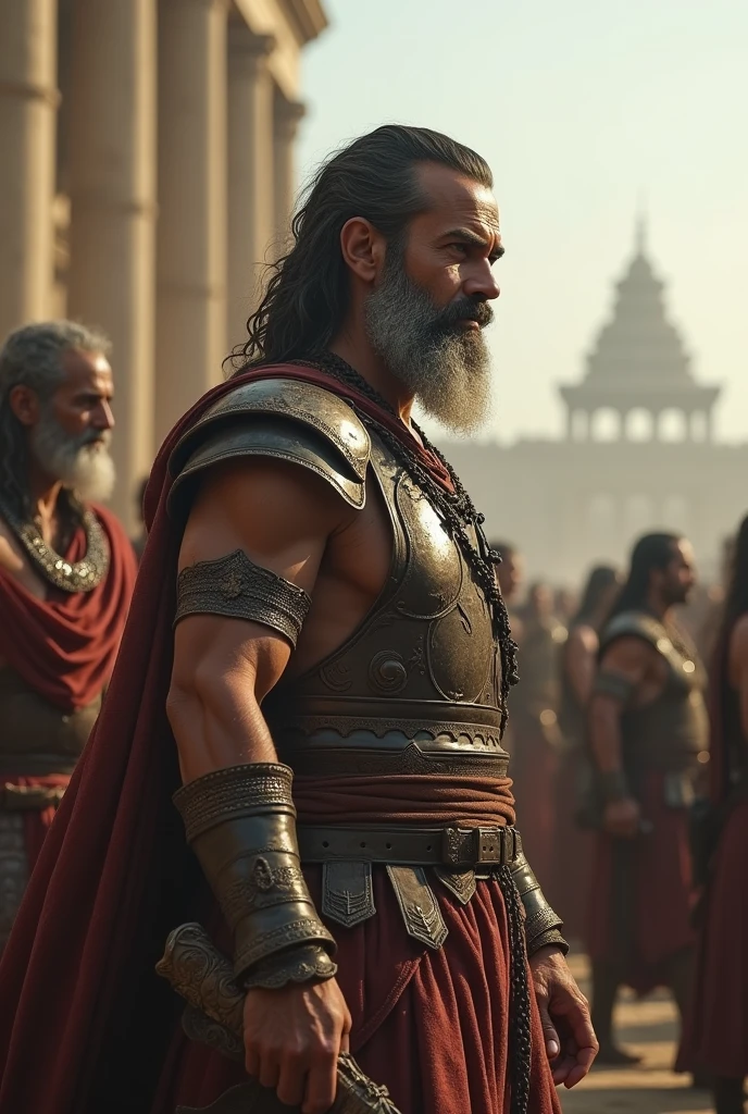 Generate in cinemetic 3d **The Challenge of Confronting Greatness:** Illustrate the tension a warrior feels when he must confront opponents who are not only powerful but also embody virtues he deeply respects, adding to the complexity of his decision to fight.
.in Mahabharat time pictures