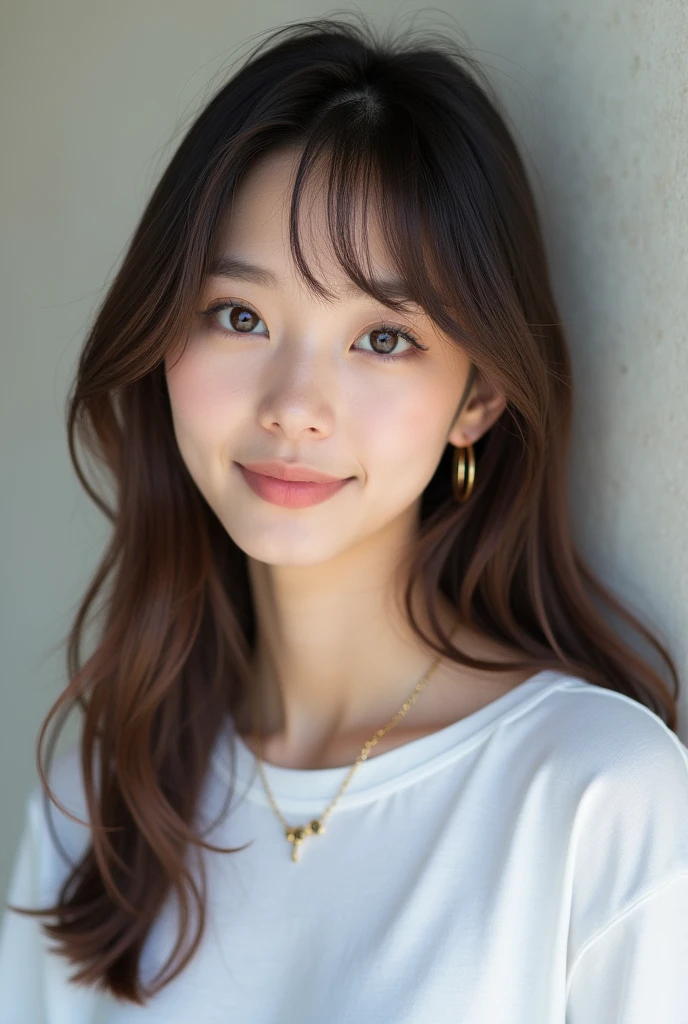 high resolution、A transparent Japanese woman、looking at the camera、body is angled、smile、Moist and shiny hair、Thready hair、cute、Brown Hair、Beautiful young woman who looks like a model、Leaning against a wall、Big eyes、Outline of an inverted triangle、face is slanted45Every time、Straight Hair、The tips are heavy、White crew neck half sleeve top、Hide your chest、Attractive features、Big eyes、Beautiful woman、hoop gold earrings、Long, diagonally swaying bangs、Beautiful like a celebrity、A trendy blunt hairstyle with little volume、Bangs up to the nose、No bangs standing up、Smooth surface hair、Simple chain necklace、A fashionable atmosphere、A mature bob with less volume on top、The hair around the face falls smoothly onto the face.、Natural Makeup、サラサラの艶ありStraight Hair、Cohesive hair、Straightener、Clear face、Keep your hair straight without curling it