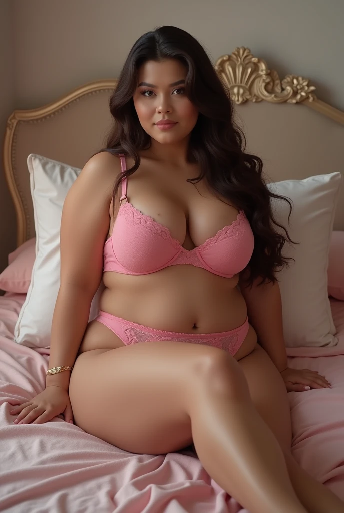 Big boobs big ass healthy girl bikini in bed room long hair pink bra