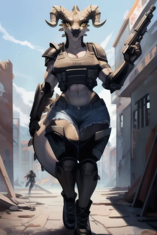 beautiful highly detailed portrait of a sexy anthro deathclaw woman with a green scaled skin, black ram horns, black lips, athletic body, smiling and walking in a ruined city, holding a rusty gun, wearing a blue jean shorts, blue tank top and a bulletproof vest, 8k, photorealistic, dramatic lighting, realistic colors, detailed facial features, cinematic composition, moody atmosphere, kemono style, monstergirl, commission, female dragonborn, large diamond-shaped pupils, large eyes