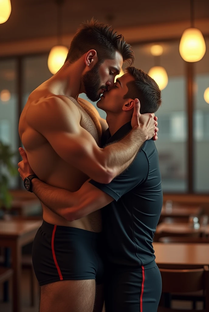 Photo realistic image of handsome 4 white teacher, tall and beardless, very strong muscular on a date with tight sports uniform on his big hairy muscular legs in love with a student boy ager male short very young uniformed thin kissing