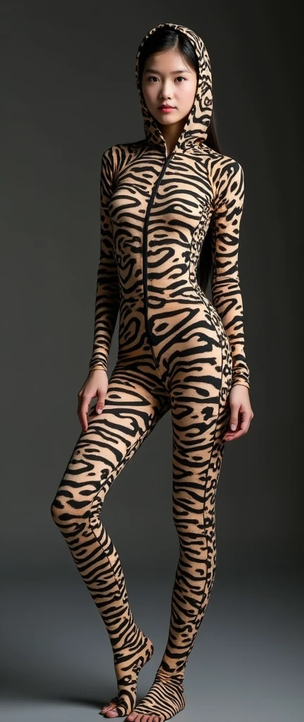 the beautiful and thest Chinese adult girl with beautiful cheeks wears zebra leopard print lycra footed turtleneck unitard catsuit covered with black leopard patterns.She always wear zebra leopard print lycra elastane stretchy dancewear hijab-like zentai hood.She is take part for contortion.She is my beautiful contortionist in the world.