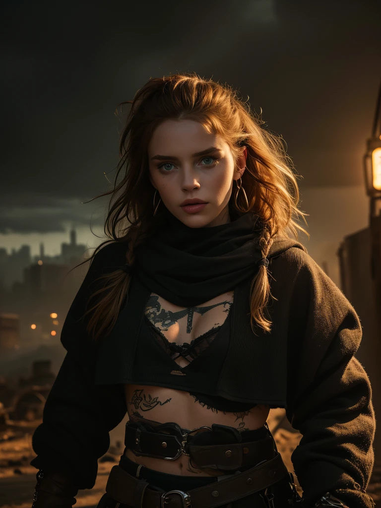 very detailed, 16K high resolution, incredibly detailed image, cinematic, best quality, masterpiece, realistic, detailed face, detailed background, dramatic lighting, A girl, 2, she is alone, beautiful, natural ginger hair, straggly and messy wavy hair. Extremely detailed facial expressions with sharp and piercing green eyes. A delicate, slightly cheeky face, subtly made up. ((She is tattooed and pierced, large tubes in her ears.)), She has (very small breasts) and a slim figure, in good shape. Dark lighting conditions, the world is destroyed after a war (end-time mood like in Mad Max). She is in an old destroyed city. Flames and clouds of smoke in the background. She wears worn-out clothes consisting of a torn black, cropped hoodie top, a broken miniskirt and dusty ankle-high boots. The outfit is similar to Vii, in Arcane. She has a belt around her waist. There is a crossbow on her back.