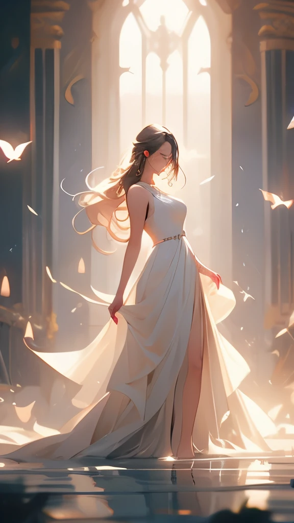 a woman in a white dress standing in a stream of water, glowing water, glowing with magic, charlie bowater art style, glowing aura around her, there is a glow coming from her, kilian eng vibrant colors, beautiful illustration, by Kilian Eng, magically glowing, glowing details!, kilian eng vibrant colours, glowing details, rossdraws global illumination