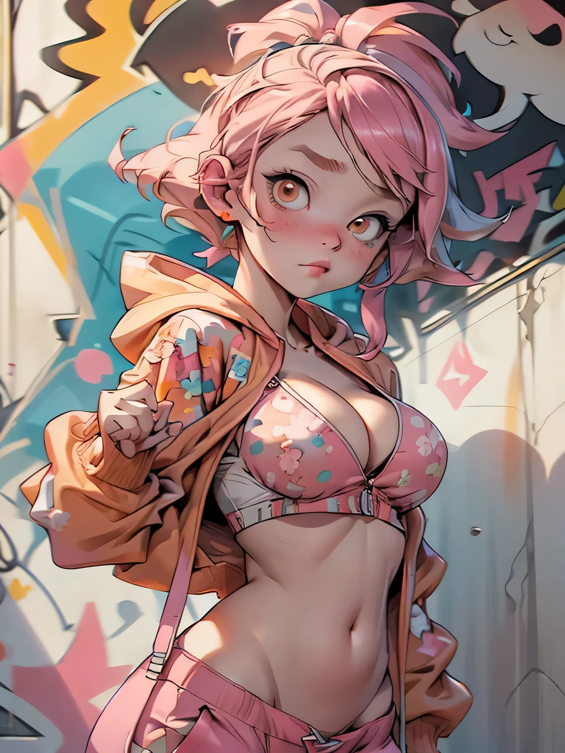 gorgeous hip-hop girl, pink hair, orange eyes, ulzzang, orange neon hoodie, graffiti, emissive, bloom,((big breasts)), (cleavage), flat stomach, (()), (intense colors)
