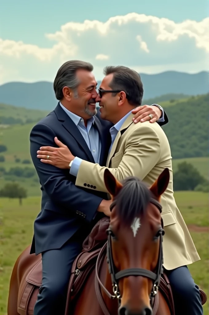 Alvaro Uribe Velez and Gustavo Petro hugging on a horse