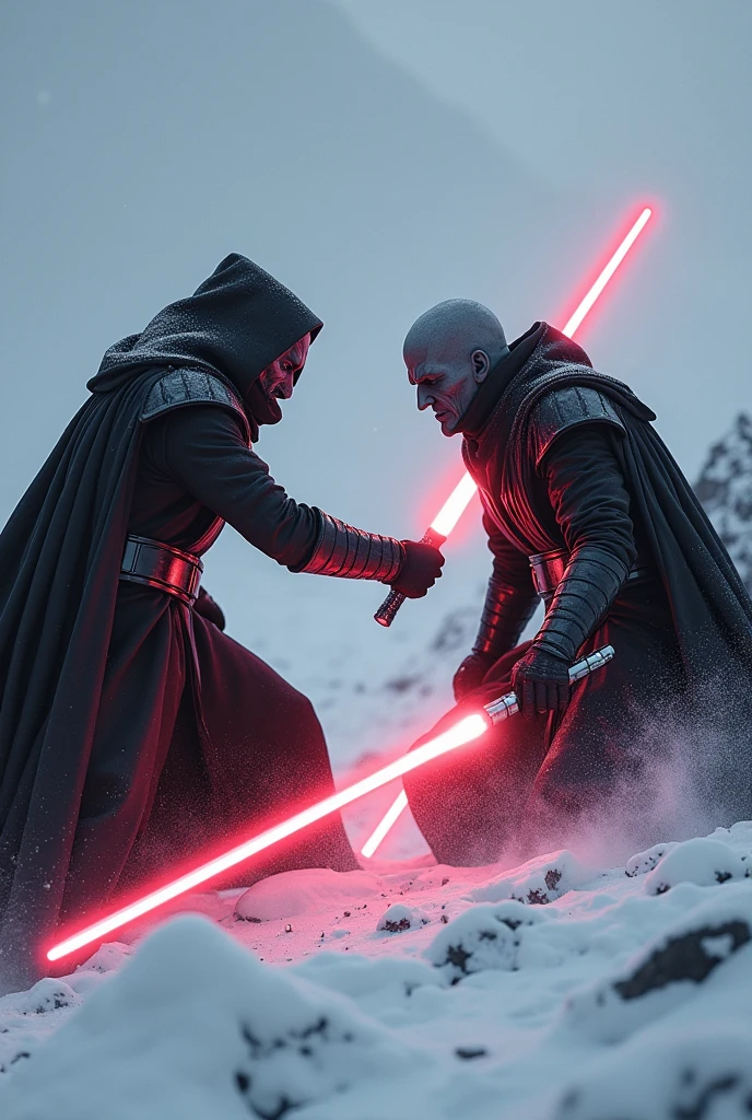 Two Sith Lords from Star Wars, fighting on a snow planet, angular grey Face, red lightsaber, agressive, frightening, ultra-realistic
