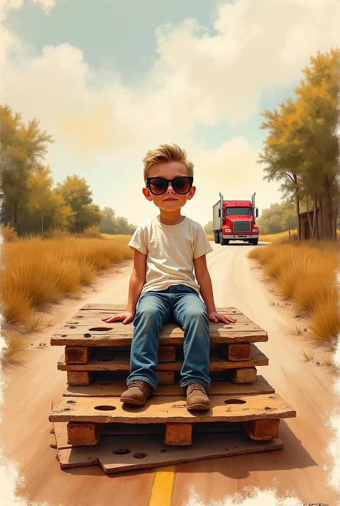 **Watercolor, mixed media oil painting splashes, depth.little man in jeans and t-shirt, sunglasses, sitting on two palettes stacked on top of each other, very detailed. Red truck country road background. Warm tone,**