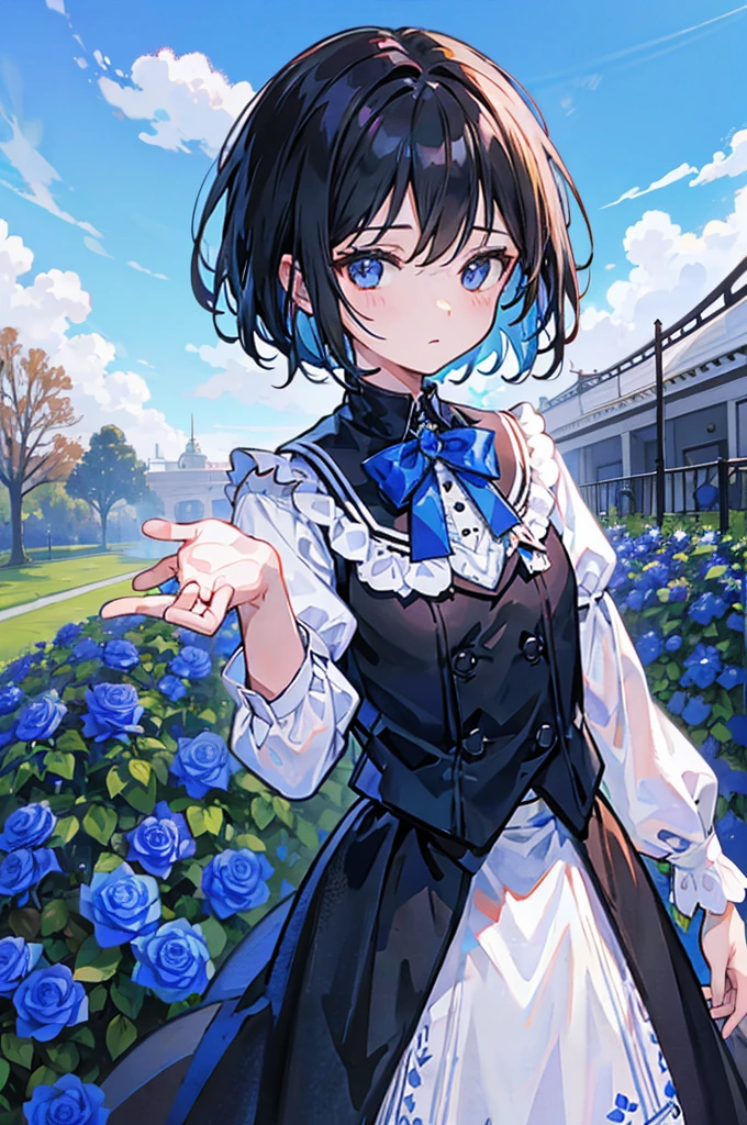 Blue Sky Day、Staring at the brown roses blooming in the rose garden、Short black hair and blue-black eyes、butler man