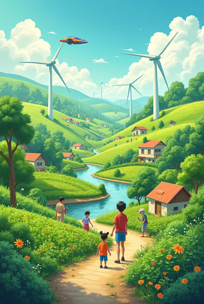 Make a landscape art on the topic " future we want clean and green" make it like one  child have make. Add people planting plants house's. One flying futurestic car cleaning the road and River, windmill,farms