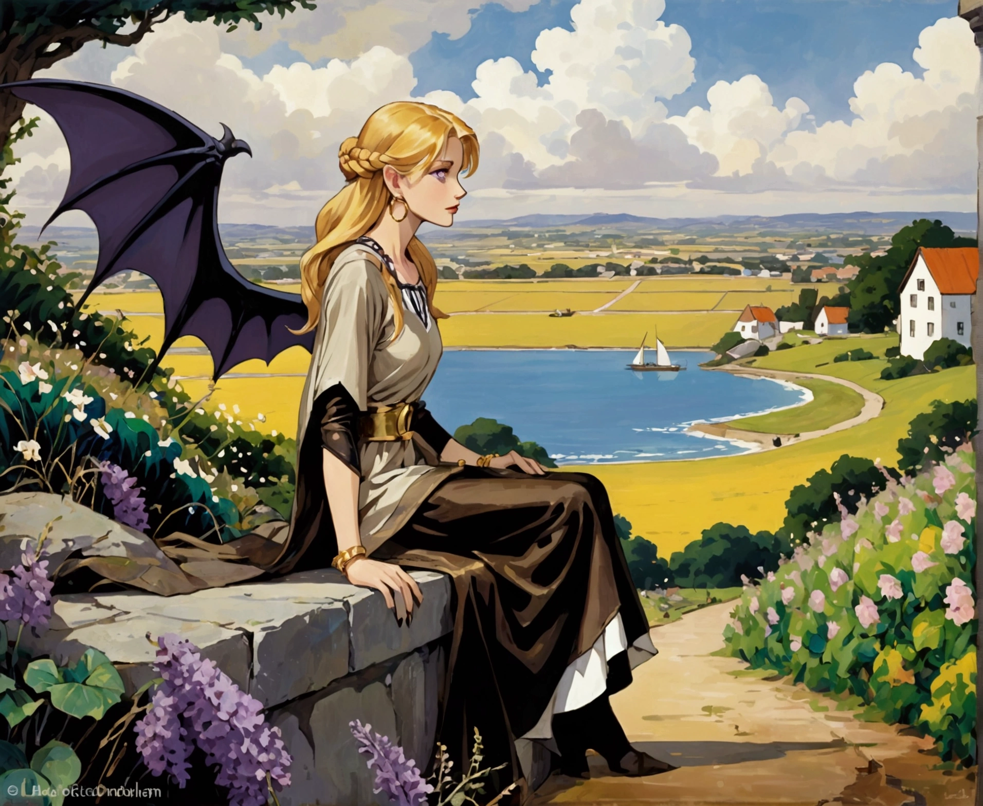 1990s Gargoyle In The Animation Style Of Gargoyles: The Goliath Chronicles. Female Gargoyle Character With A Humanoid Form, Lavenderskin, & Bat-Like Wings. She Has A Sleek, Build With Sharp Claws On Her Hands & Feet, Pointed Bat-Like Ears, And A Long, Slender Tail. Her Face Is Sultry With Large, Almond-Shaped Eyes, A Defined Nose, & A Soft Jawline. She Wears A Cream-Colored Tunic With A Golden Belt At The Waist, Along With Gold Hoop Earrings & A Gold Bracelet. Her Golden Blonde Hair Is Voluminous And Styled In A Braid That Falls Down Her Back. The Setting Should Have A Night-Time, Gothic Vib