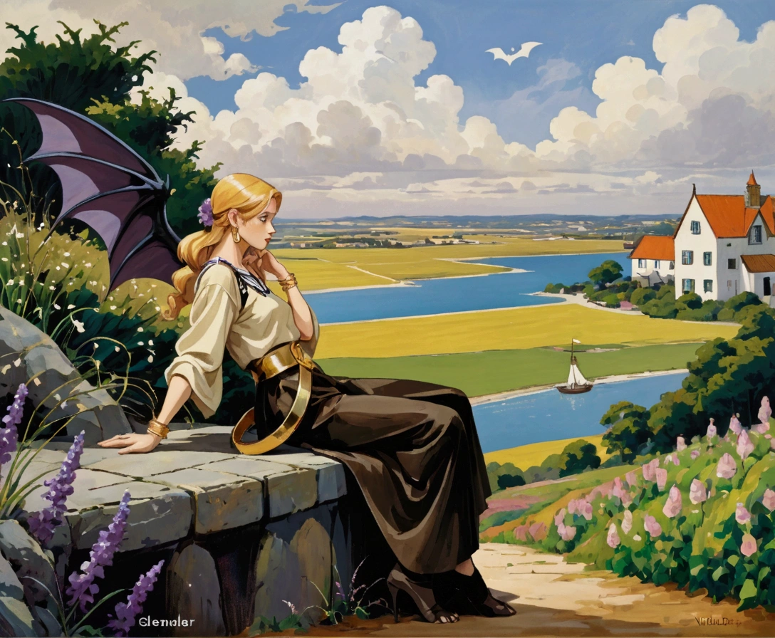 1990s Gargoyle In The Animation Style Of Gargoyles: The Goliath Chronicles. Female Gargoyle Character With A Humanoid Form, Lavenderskin, & Bat-Like Wings. She Has A Sleek, Build With Sharp Claws On Her Hands & Feet, Pointed Bat-Like Ears, And A Long, Slender Tail. Her Face Is Sultry With Large, Almond-Shaped Eyes, A Defined Nose, & A Soft Jawline. She Wears A Cream-Colored Tunic With A Golden Belt At The Waist, Along With Gold Hoop Earrings & A Gold Bracelet. Her Golden Blonde Hair Is Voluminous And Styled In A Braid That Falls Down Her Back. The Setting Should Have A Night-Time, Gothic Vib
