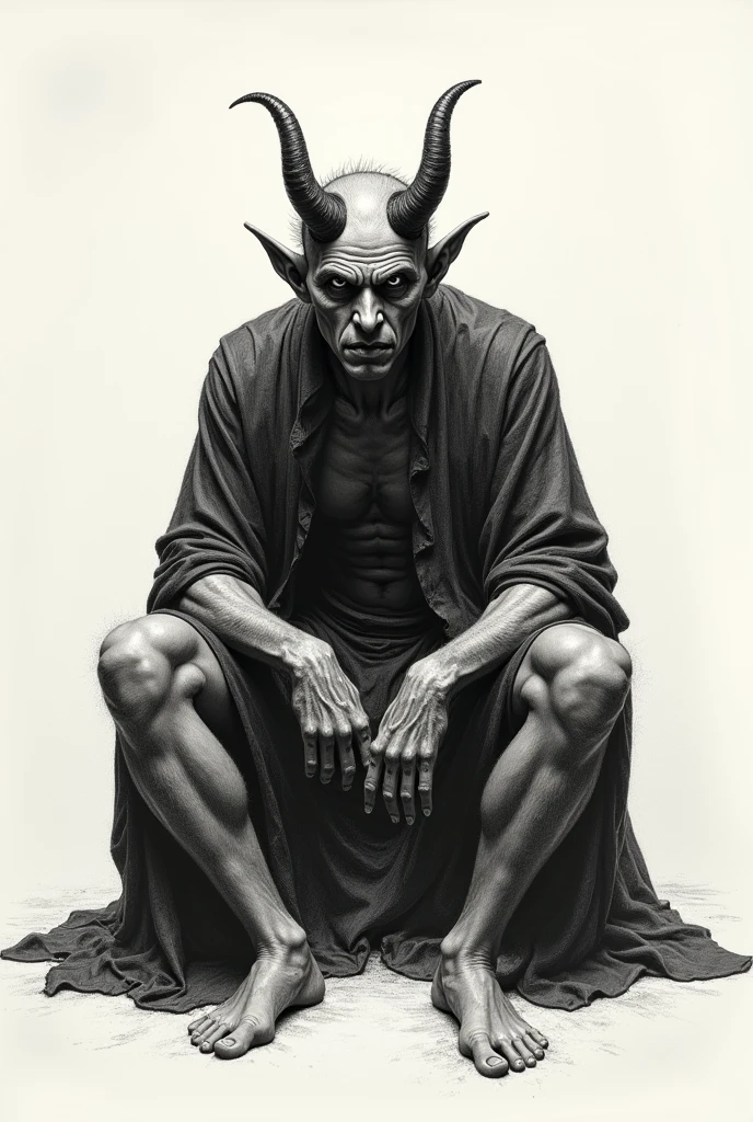 traditional drawing of a devil sitting looking straight ahead seriously