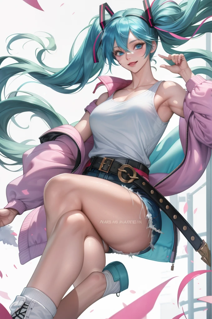 Fraction_9, Fraction_8_up, Fraction_7_Direction_6_up, 1 Girl, Hatsune Miku, Solitary, Double tail, Long hair, White background, Simple background, whole body, shorts, sock, very Long hair, belt, pink jacket, shirt, jacket, Keep, , white sock, Looking at the audience, 白色shoe, Contrasting, permanent, white shirt, shoe, Off-shoulder, Aqua eyes, Smile, Blue Hair, Hair between the eyes, Nasal drops, Bangs, blue belt, open jacket, Light green hair, Open clothes, short shorts, 裸Off-shoulder膀, sleeveless shirt, 运动shoe, Shut up, Hair accessories, white shorts, sleeveless, Ahog, loose belt, Alternative clothing, blue eyes, Number tattoo, boots