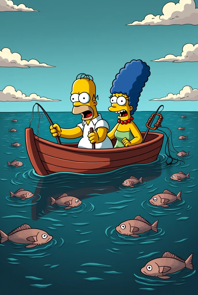 a simpsons style landscape image of homer and marge Simpson looking terrified sitting in a fishing boat in the ocean holding fishing lines and fishing nets. all the fish are dead floating on the surface of the water
