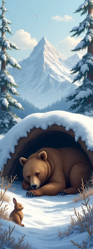 A big brown bear is happily sleeping in its deep den in the winter wilds, the den is covered with many fluffy beautiful dead leaves, lots of deep snow outside the den, snowy landscape, a rabbit peeking him out from a distance, beautiful alpine mountains in the distance, realistic photo