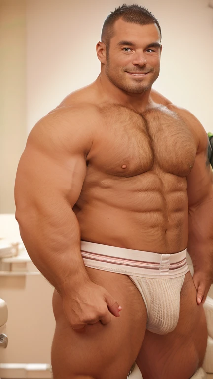 Shirtless50Old fat muscular Japanese male bodybuilder。Big muscles。thick limbs。Big Belly。Male bodybuilder wearing only a white jockstrap。good looking。Short Hair。jockstrap。bulge。barefoot。Hairy body。Short Hair。jockstrap。bulge。Anatomically correct hands。Anatomically correct fingers。Photorealistic。Japan well-groomed face。The gentle expression of a Japanese person。