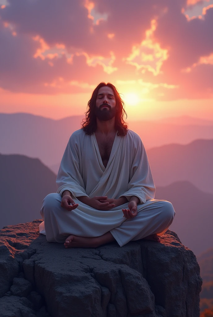 Jesus Meditating on a Mountain Peak at Sunrise: A powerful, tranquil image of Jesus sitting cross-legged on a mountain peak at dawn. The sky is a beautiful blend of purples, pinks, and oranges as the sun begins to rise. Jesus’ eyes are closed in meditation, his face peaceful and serene. His robes are simple, and the wind lightly blows them as he sits in stillness. The vast landscape of mountains and valleys stretches out beneath him, and the early morning light bathes the scene in a soft, divine