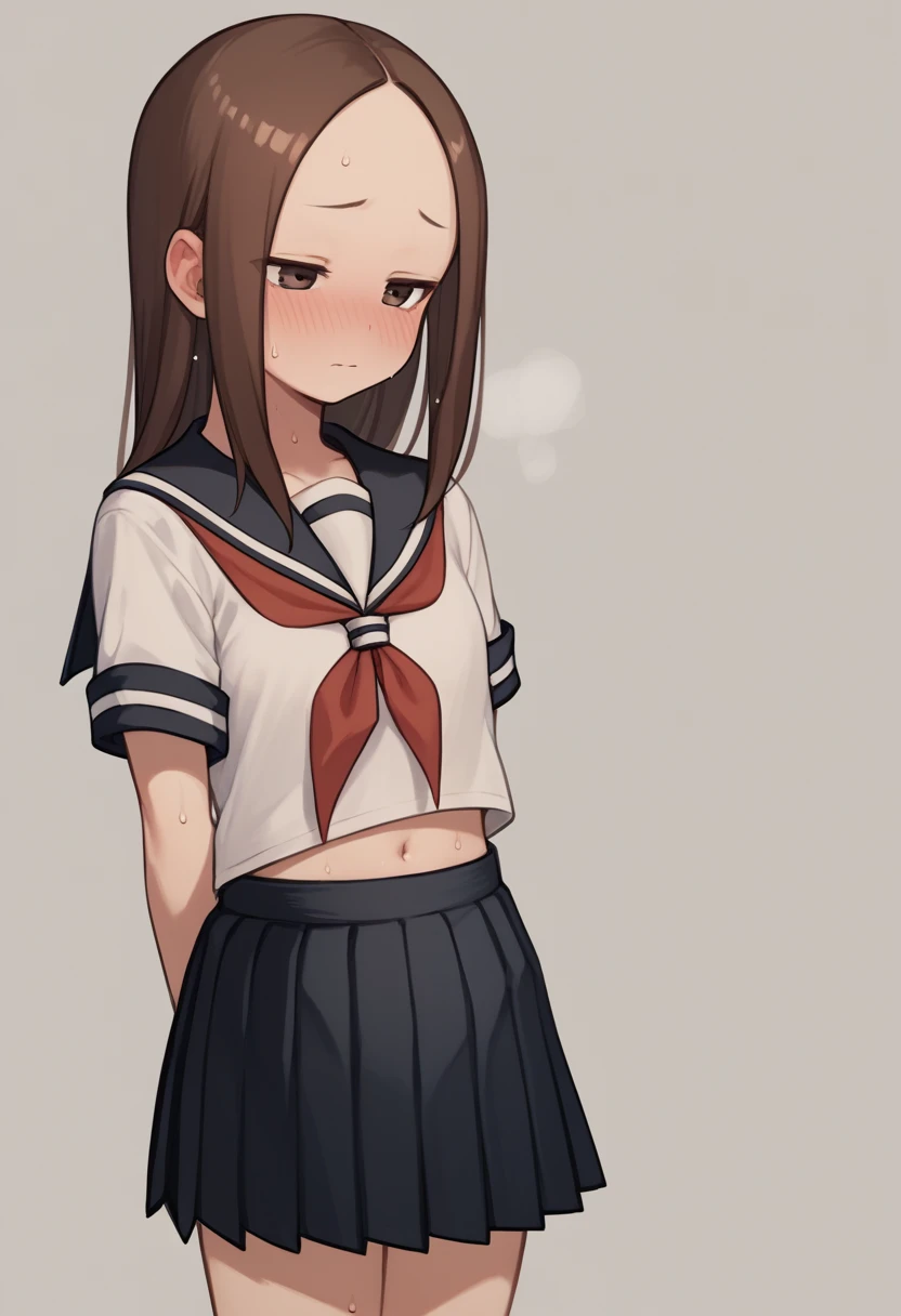 flat Breasts、blush、Sweat、In the heat、takagi-san,school_uniform, serafuku, skirt, sailor_collar,bare forehead, long_hair, black_sailor_collar, pleated_skirt, brown_eyes,brown_hair,short_sleeves, black_skirt,red_neckerchief,Fat belly、touch your stomach with both hands、
{Highest quality}, {so beautiful}, {Very detailed}, {Best illustrations},Life、slim:1.5、Are standing、