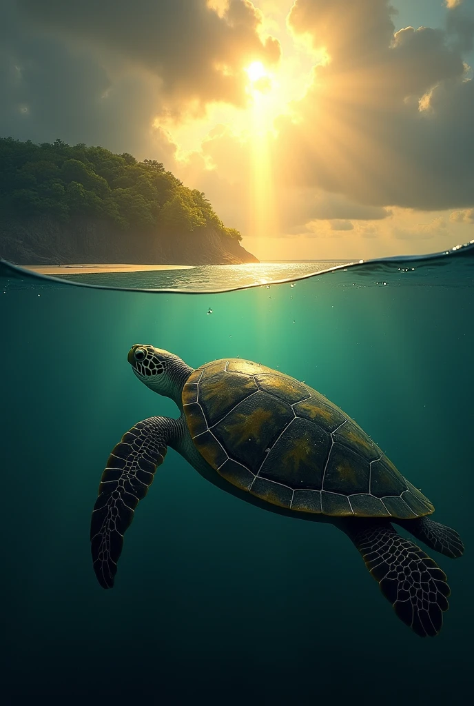 A ray of sunlight breaks through the dark clouds, shining directly on the turtle as it reaches the shallower waters near the island. The turtle, filled with hope, is pushing forward towards the shore