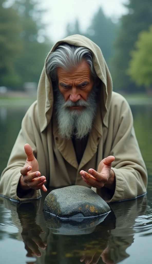 A close-up of the saint explaining the meaning of the stone in the water