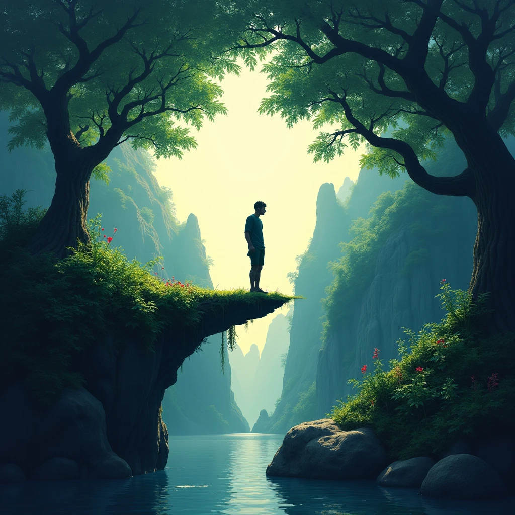 The silhouette of a man in front of a paradisiacal landscape where half of this scene represents darkness and half represents light (yin yang) 