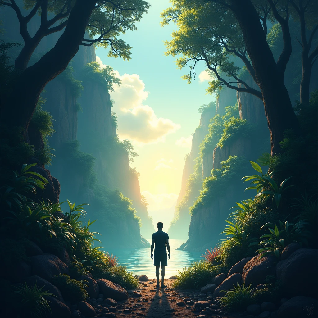 The silhouette of a man in front of a paradisiacal landscape where half of this scene represents darkness and half represents light (yin yang)